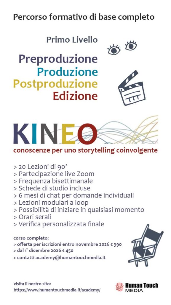 Locandina del corso Kineo primo livello: preproduzione, produzione, postproduzione ed edizione video
